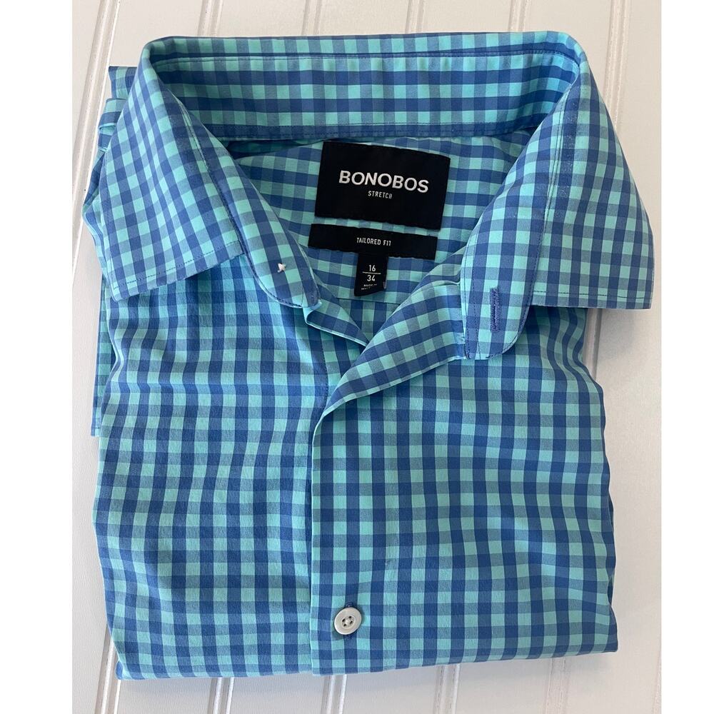 Bonobos Gingham Stretch‎ Tailored Fit Button Down Shirt Preppy Size Mens 16 X 34